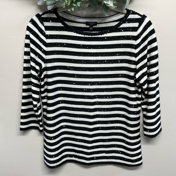 NWT Talbots Petites Striped Sequin 3/4 Sleeve Sweater SP - Picture 1 of 16
